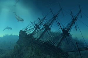 Curious dolphins approach the wreckage of a sunken ship beneath the sea - 3d render.